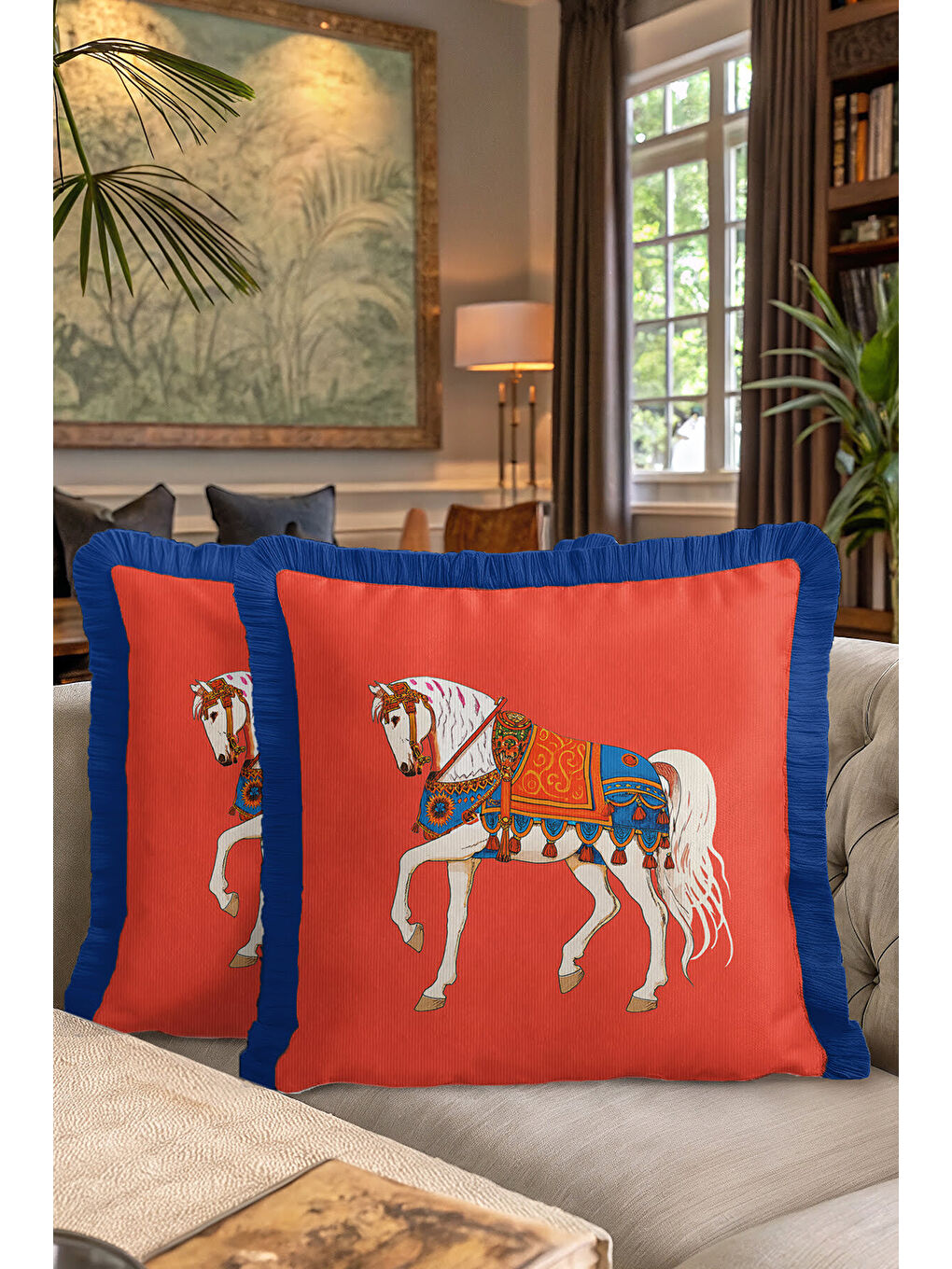 Karışık Saray İhtişamlı Saçaklı Yastık Kılıfı - Asil At Figürü Bohem Kırmızı Lacivert Püsküllü Kırlent Kılıf-7