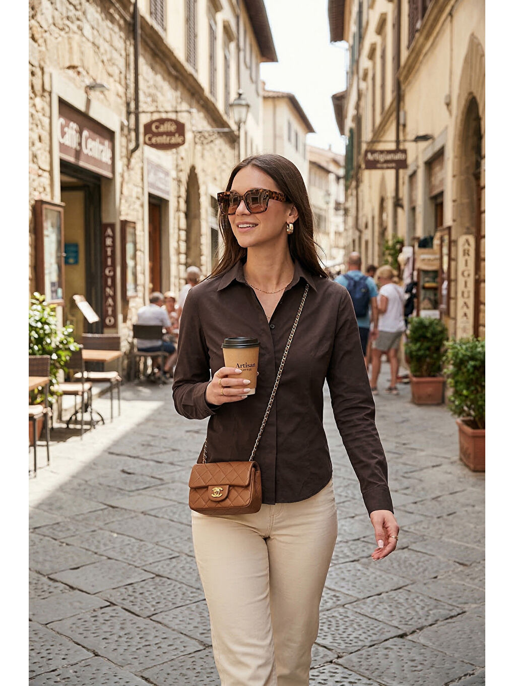 Kahverengi Pamuklu Slim Fit Klasik Yaka Çizgili Kadın Gömlek 6777423