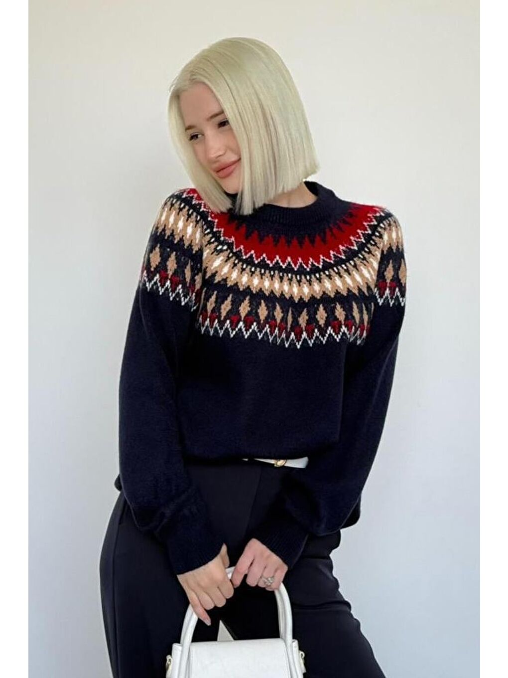 Lacivert Bisiklet Yaka Desenli Kadın Triko Kazak Mg2502-8