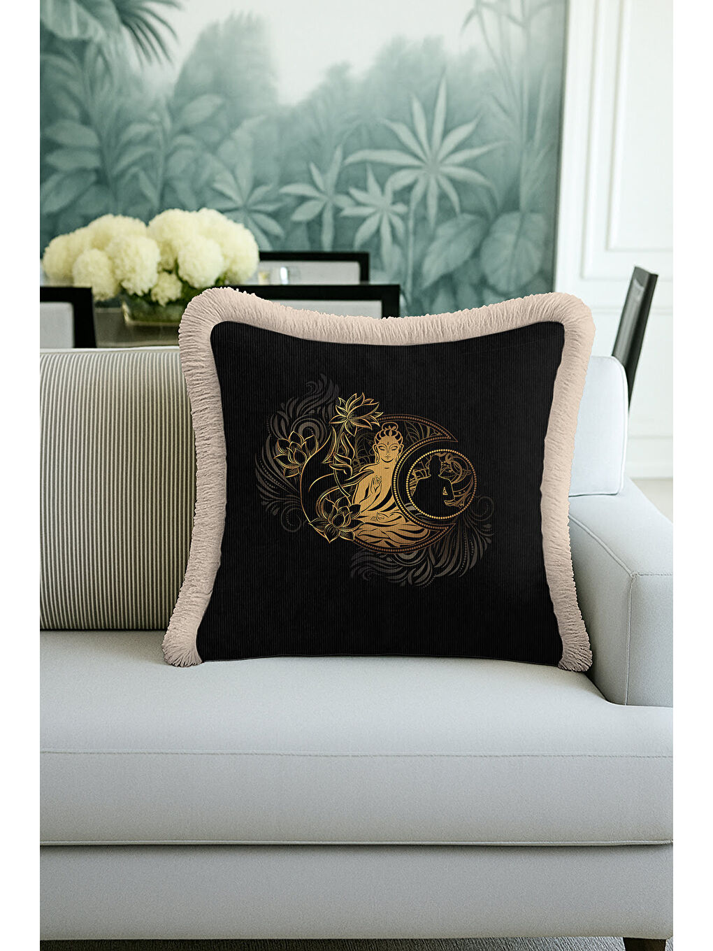 Karışık Buda Lotus Altın Renkli Saçaklı Yastık Kılıfı - Zen Bohem Siyah Krem Püsküllü Kırlent Kılıfı-4