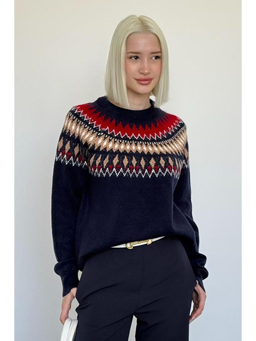 Lacivert Bisiklet Yaka Desenli Kadın Triko Kazak Mg2502-9