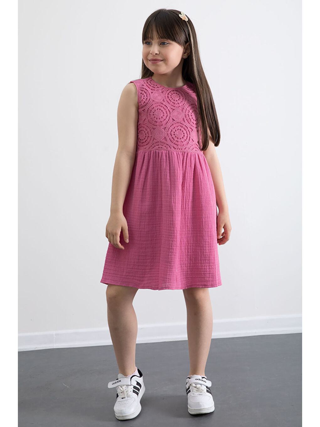 Fuşya Dantel İşlemeli Müslin Kız Çocuk Elbise 20777