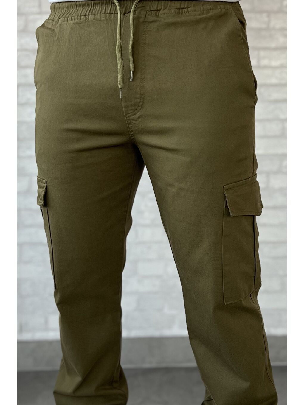 Haki Bel Ve Paça Lastikli Kargo Cep Gabardin Erkek Pantolon-3
