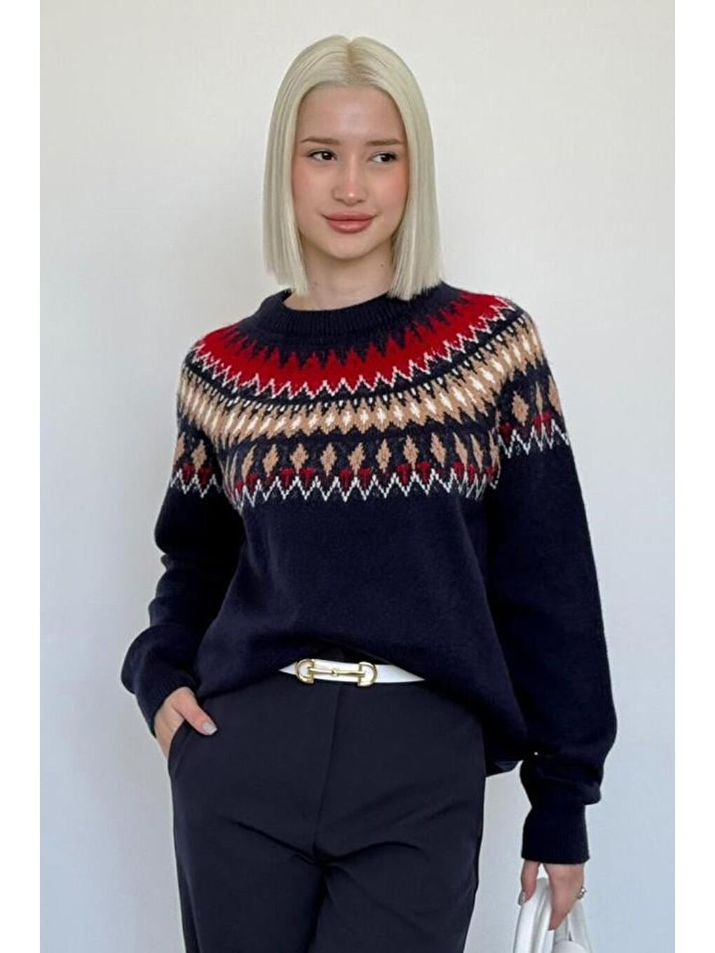 Lacivert Bisiklet Yaka Desenli Kadın Triko Kazak Mg2502-10