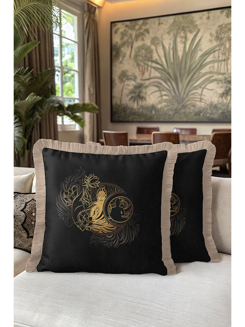 Karışık Buda Lotus Altın Renkli Saçaklı Yastık Kılıfı - Zen Bohem Siyah Krem Püsküllü Kırlent Kılıfı-5