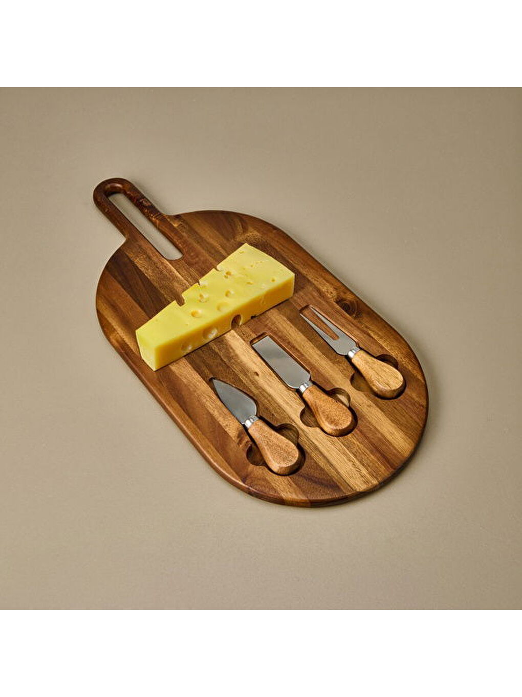Akasya Bıçaklı Oval Peynir Sunum Tahtası - Kahverengi - 48x22 cm
