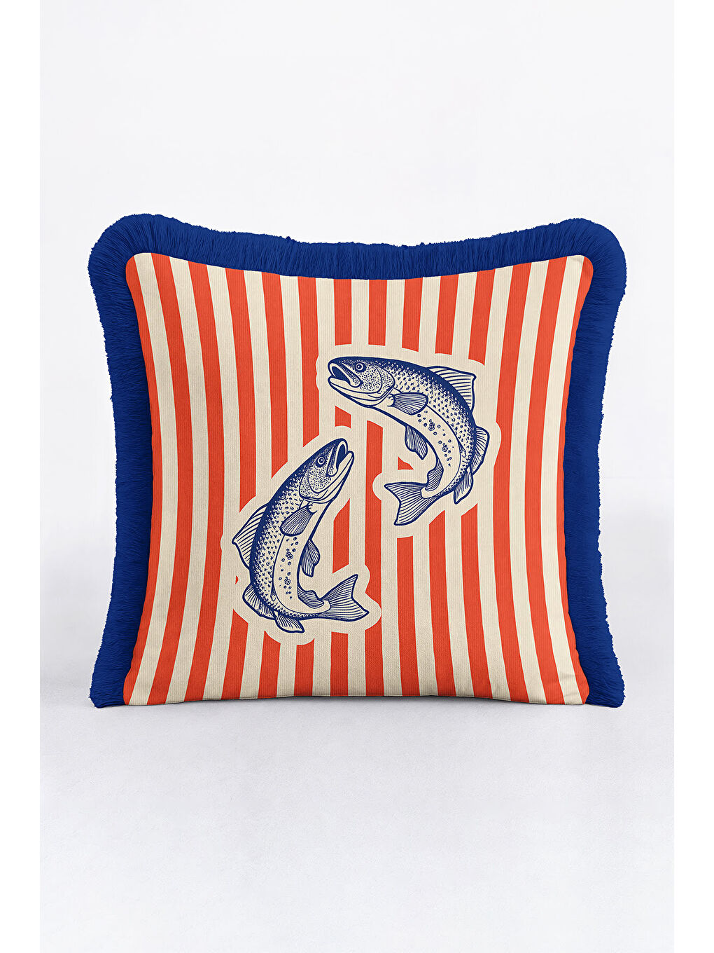 Karışık Nautical Balık Çizimli Saçaklı Yastık Kılıfı - Marin Temalı Kırmızı Lacivert Püsküllü Kırlent Kılıfı-3