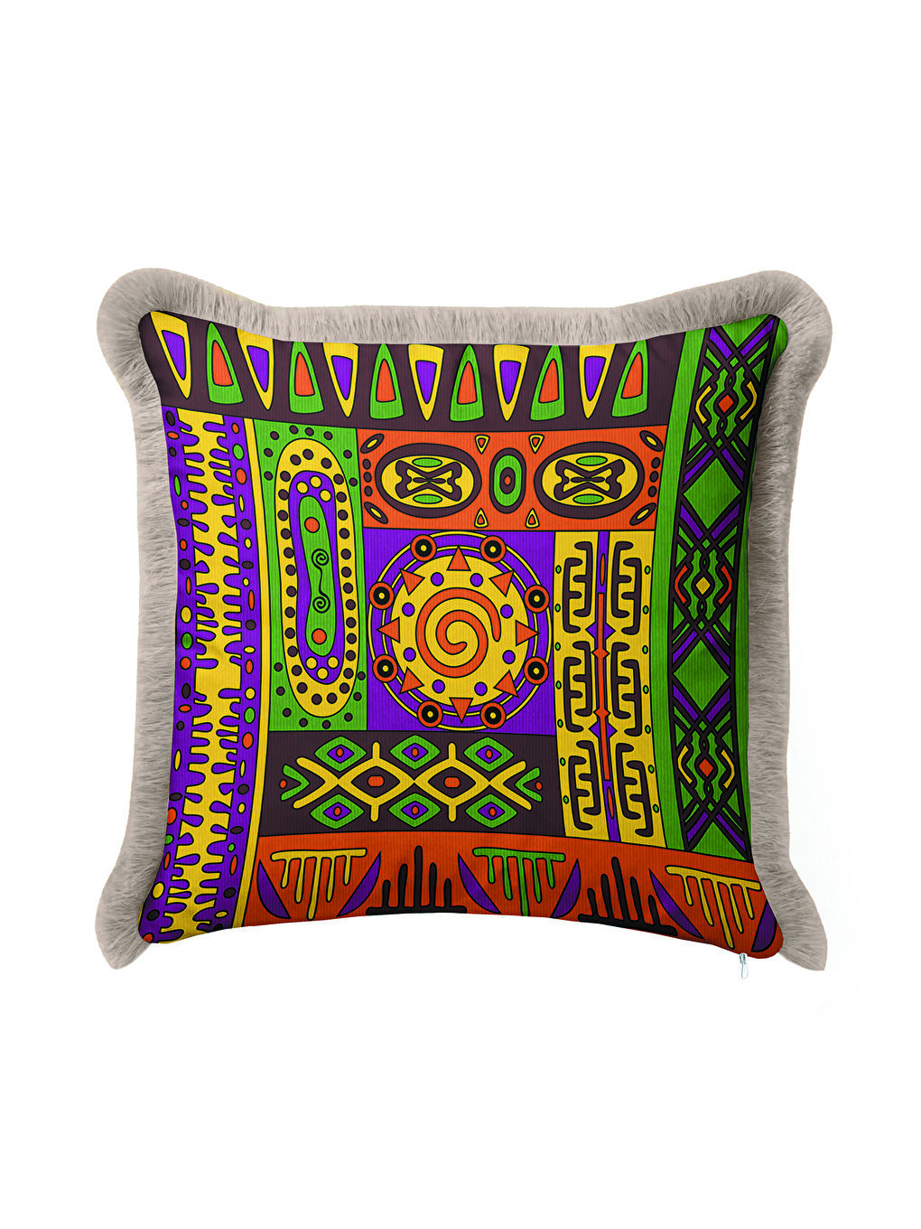 Karışık Etnik Geometrik Motifli Saçaklı Yastık Kılıfı - Bohem Renkli Mor Turuncu Püsküllü Kırlent Kılıfı-1