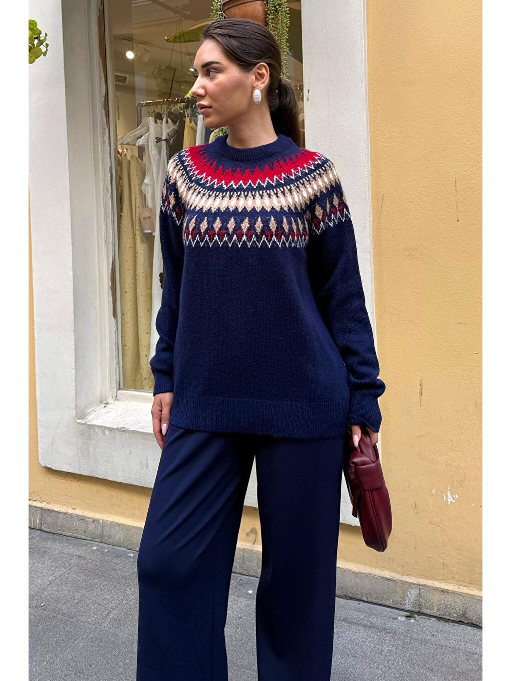 Lacivert Bisiklet Yaka Desenli Kadın Triko Kazak Mg2502-11