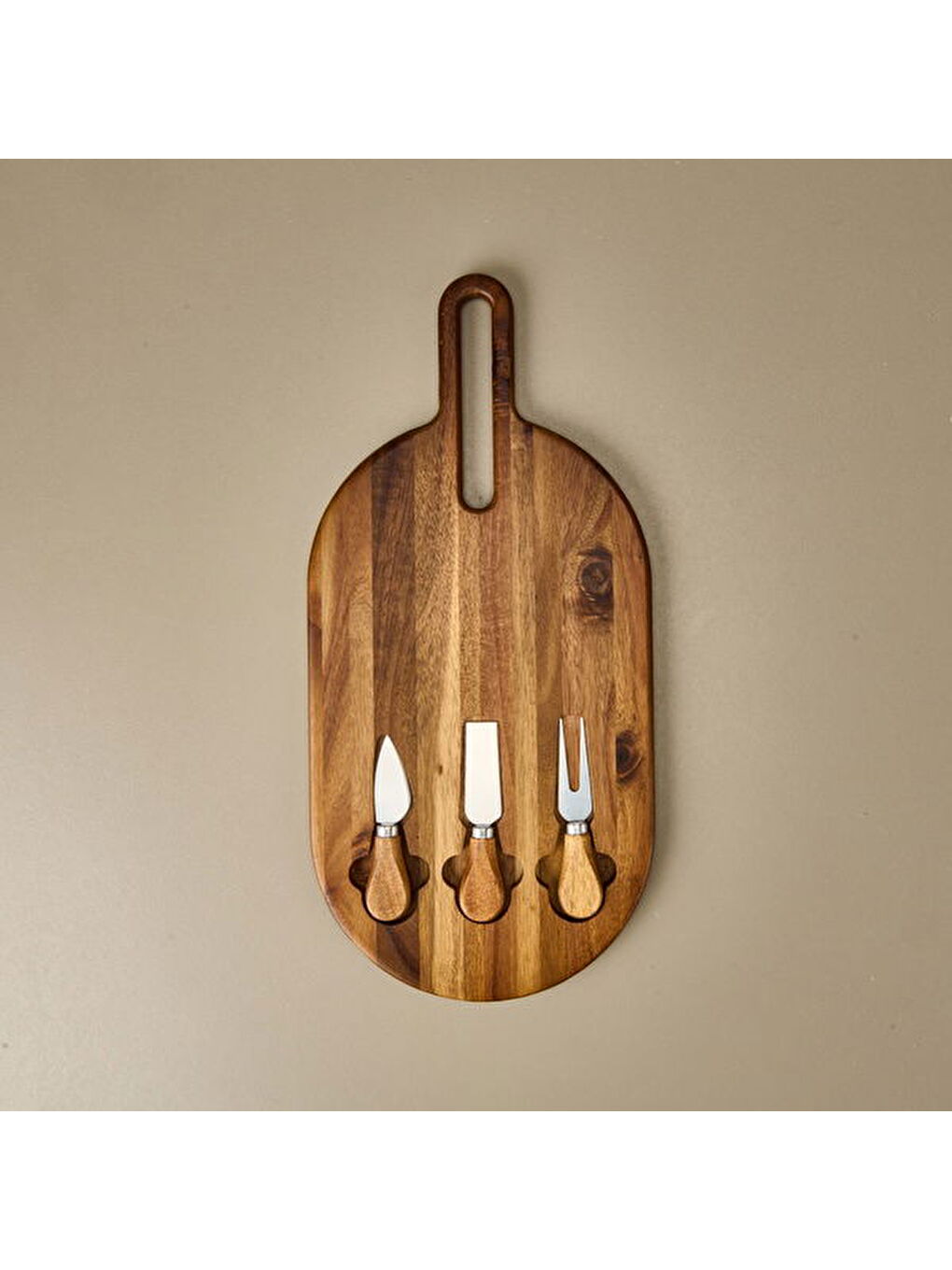 Akasya Bıçaklı Oval Peynir Sunum Tahtası - Kahverengi - 48x22 cm-1