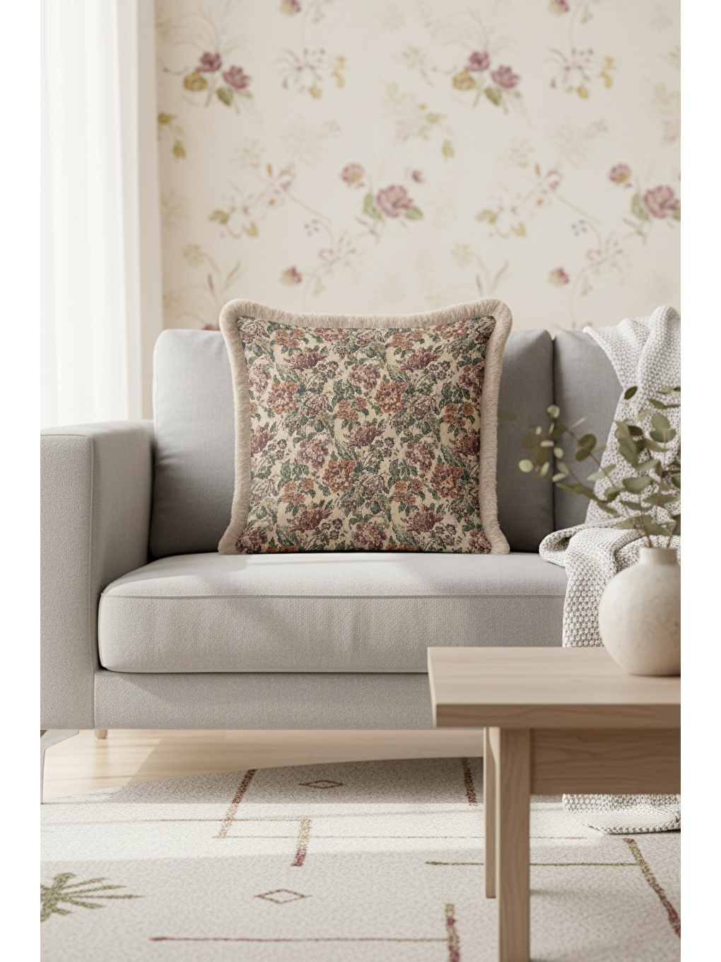 Karışık Lüks Çiçek Bahçesi Saçaklı Yastık Kılıfı - Vintage Rustik Bej Püsküllü Kırlent Kılıfı