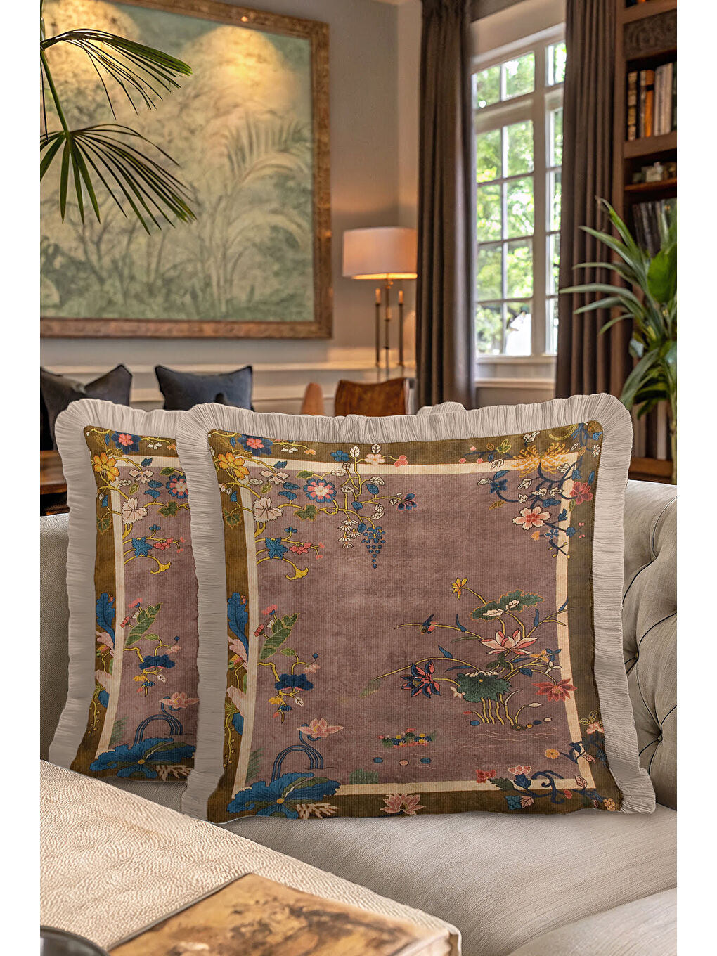 Karışık Zarif Çiçek Motifli Saçaklı Yastık Kılıfı - Vintage Bohem Su Yeşili ve Gold Püsküllü Kırlent Kılıfı-7
