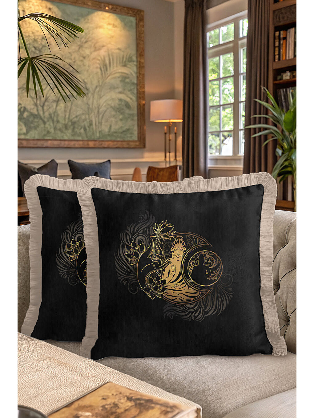 Karışık Buda Lotus Altın Renkli Saçaklı Yastık Kılıfı - Zen Bohem Siyah Krem Püsküllü Kırlent Kılıfı-7