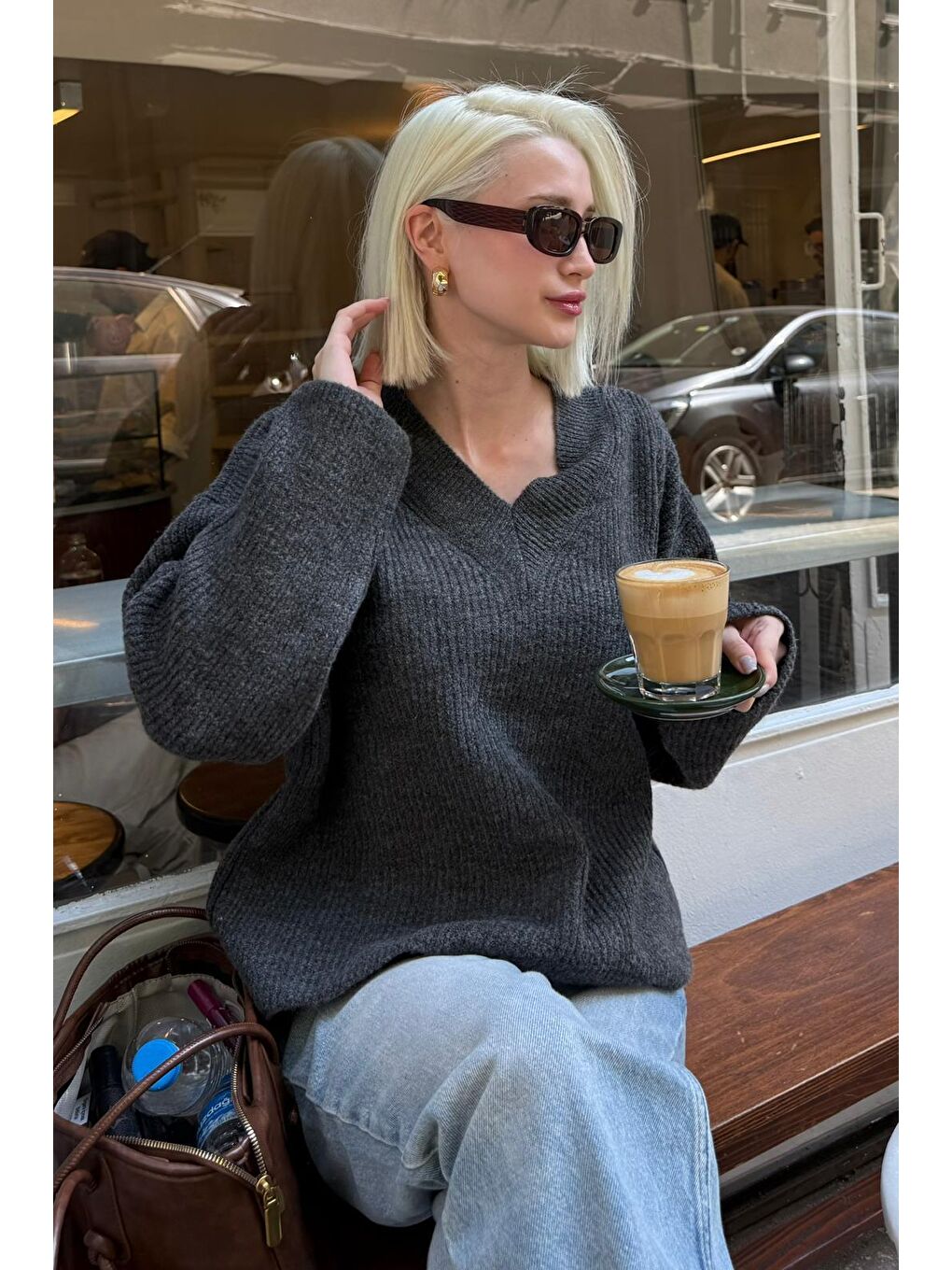 Antrasit V Yaka Triko Kadın Kazak Mg2501