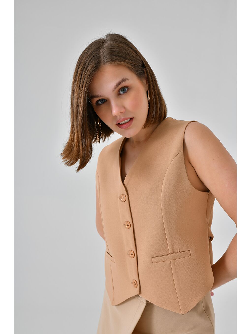 Bej Vizon Bağlamalı V Yaka Yelek-2