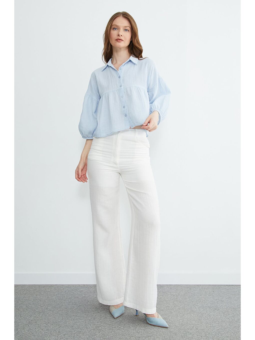 Mavi Balon Kol Salaş Müslin Kumaş Gömlek-1