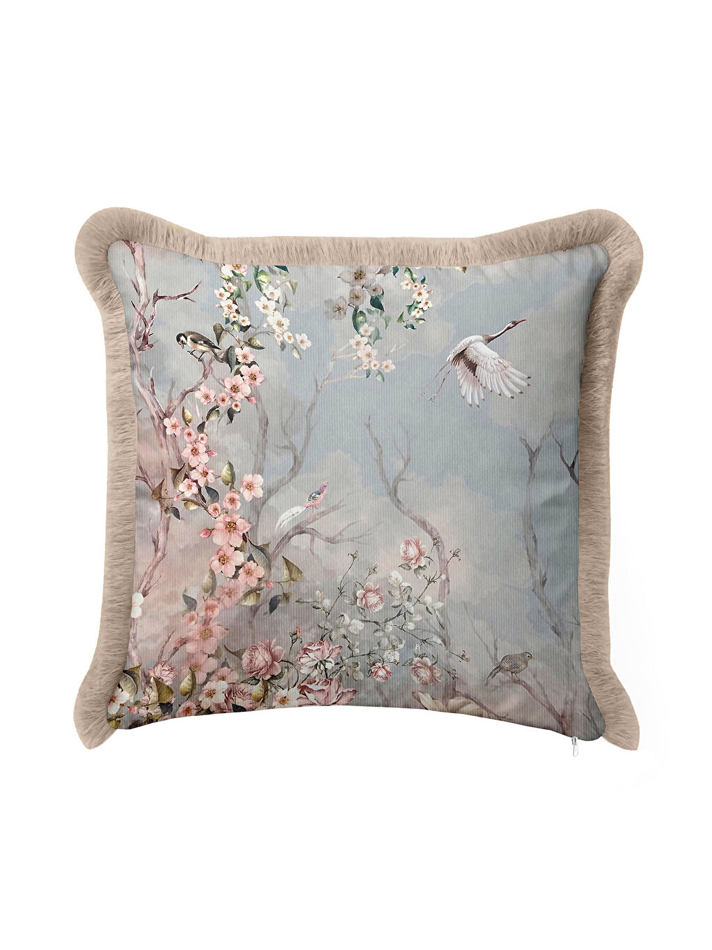 Karışık Elegan Çiçekli Kuşlu Saçaklı Yastık Kılıfı - Pastel Bahar Romantik Vintage Püsküllü Kırlent Kılıfı