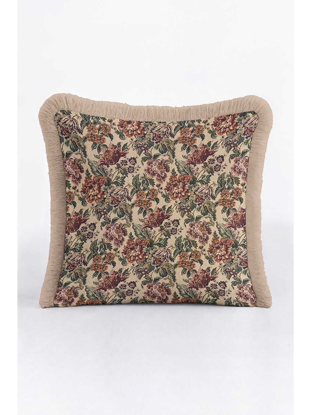 Karışık Lüks Çiçek Bahçesi Saçaklı Yastık Kılıfı - Vintage Rustik Bej Püsküllü Kırlent Kılıfı-1