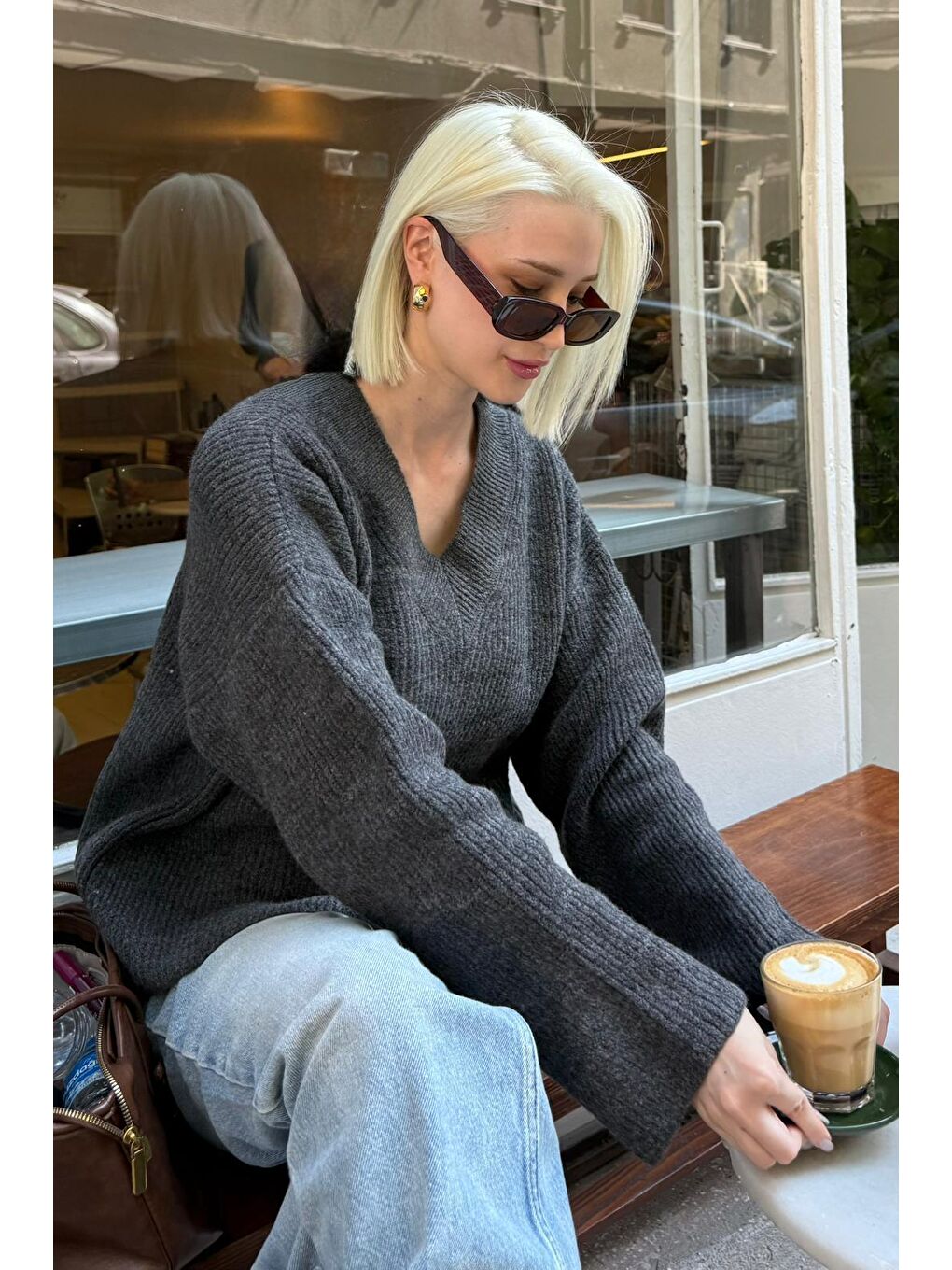 Antrasit V Yaka Triko Kadın Kazak Mg2501-1