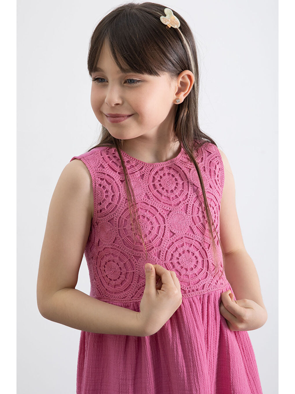 Fuşya Dantel İşlemeli Müslin Kız Çocuk Elbise 20777-4