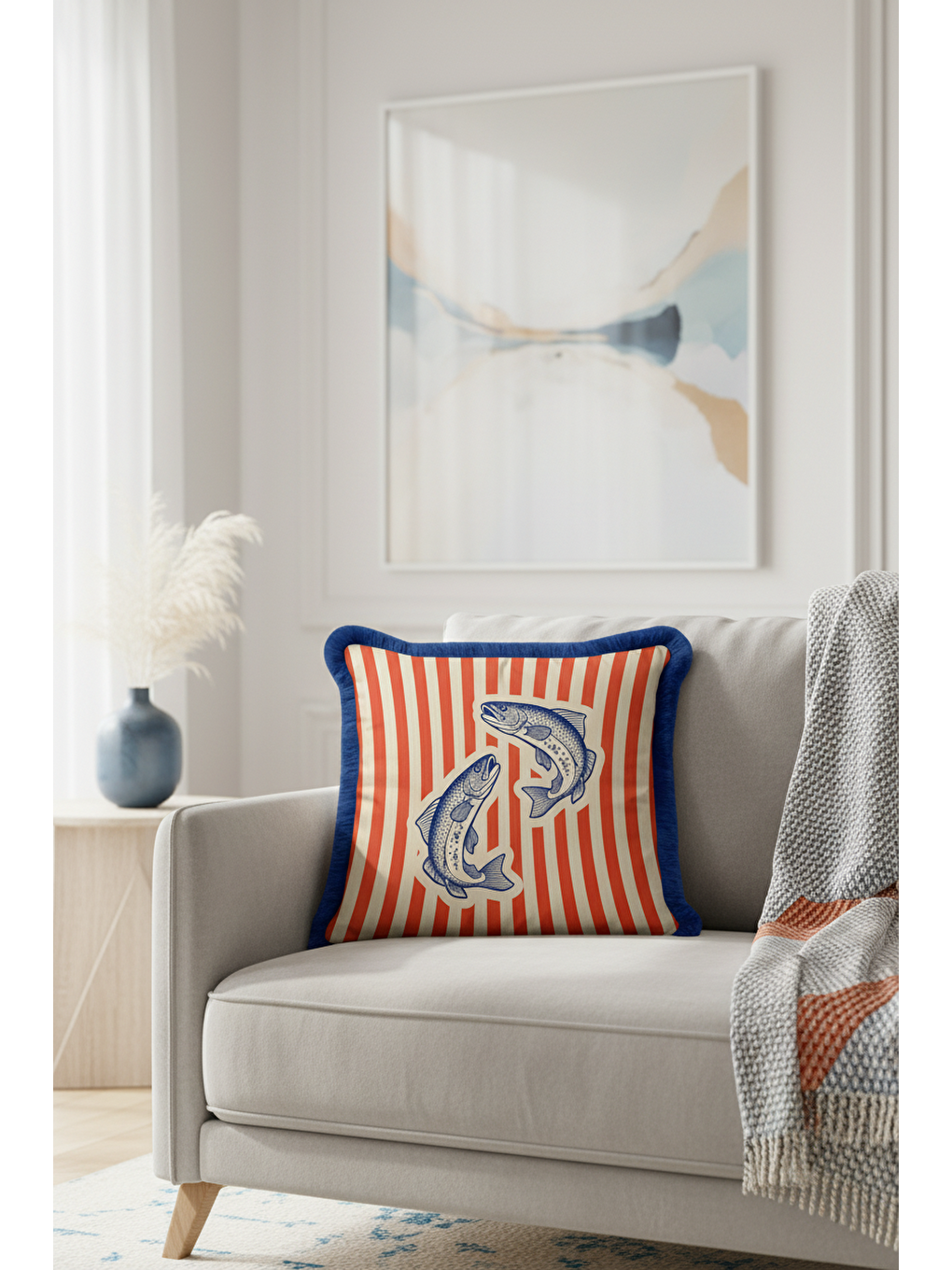 Karışık Nautical Balık Çizimli Saçaklı Yastık Kılıfı - Marin Temalı Kırmızı Lacivert Püsküllü Kırlent Kılıfı-4