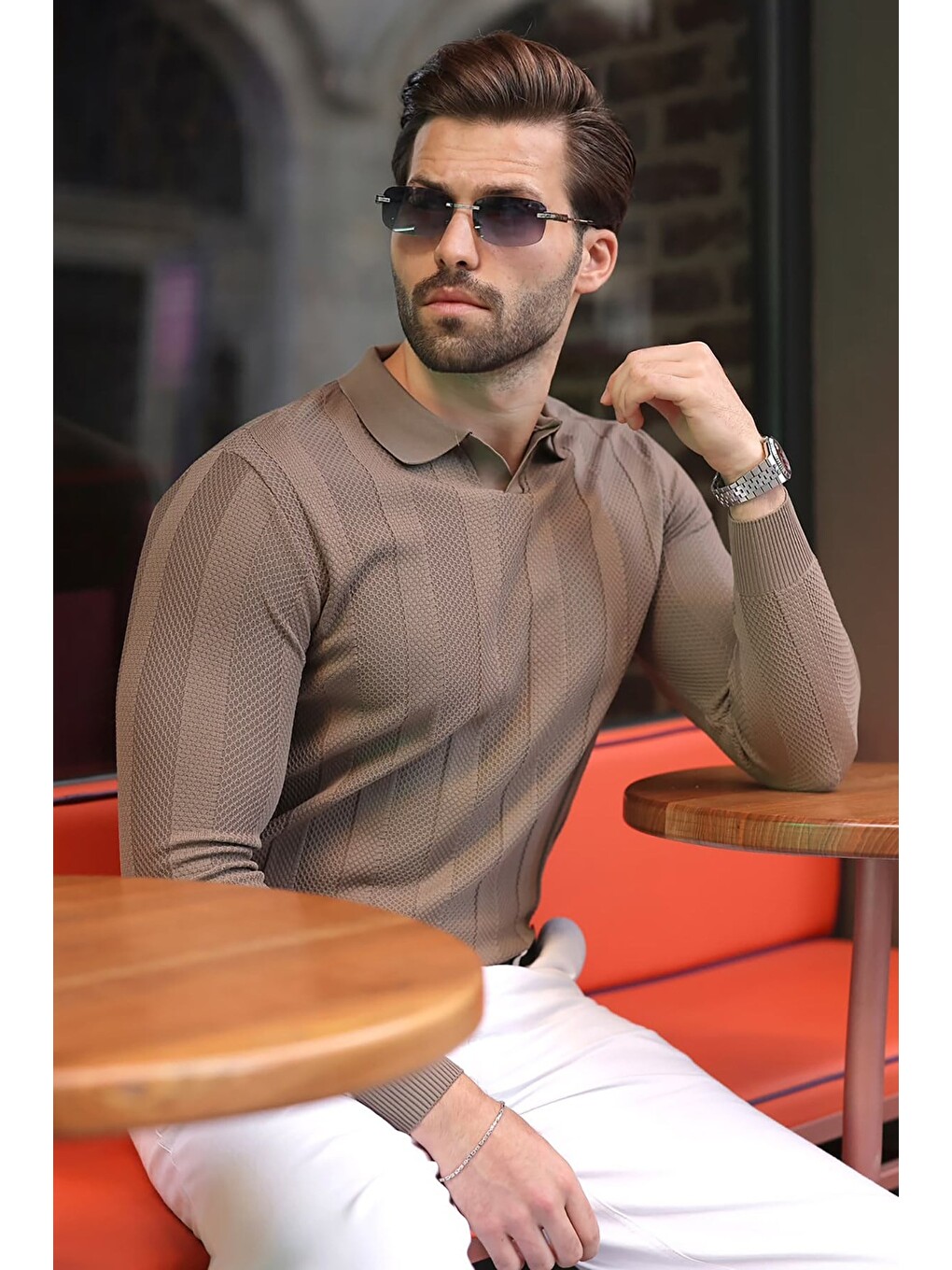 Açık Kahverengi Regular Fit Polo Yaka Triko Erkek Kazak E7509-4