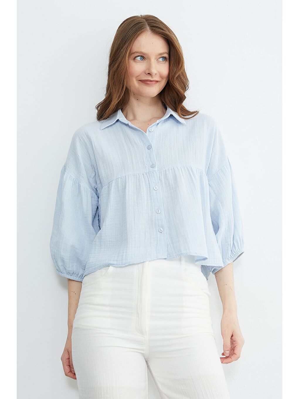 Mavi Balon Kol Salaş Müslin Kumaş Gömlek-3