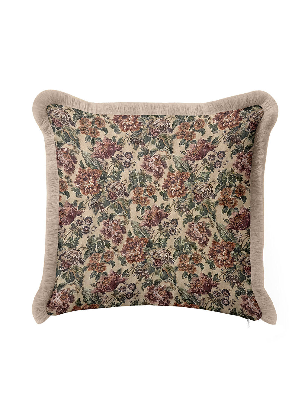 Karışık Lüks Çiçek Bahçesi Saçaklı Yastık Kılıfı - Vintage Rustik Bej Püsküllü Kırlent Kılıfı-2