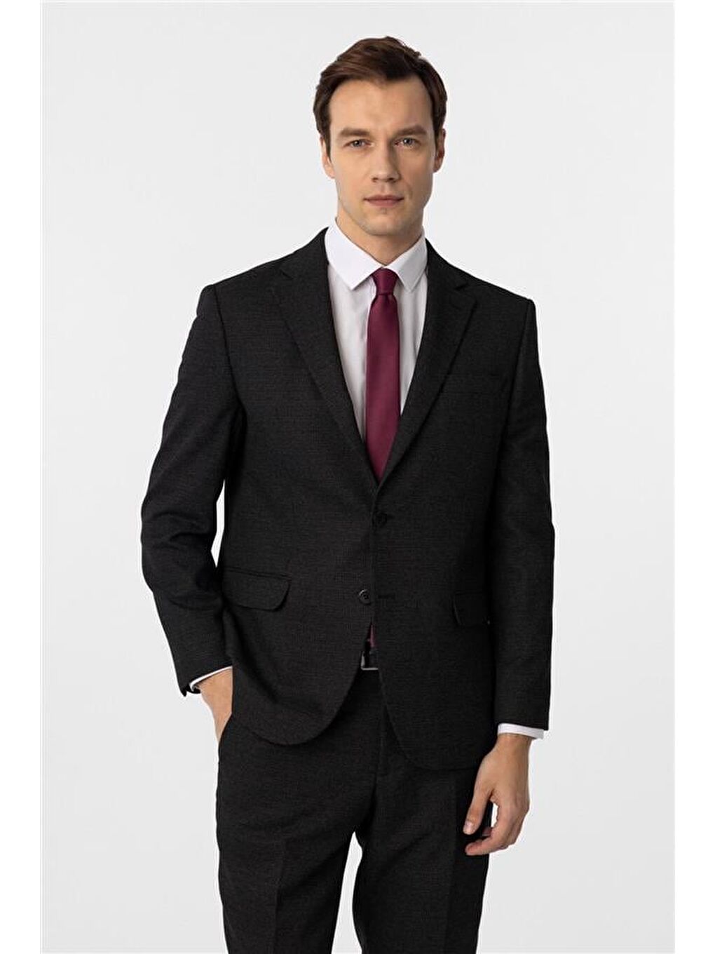 Siyah Regular Desenli Sivri Yaka 4 Drop Takım Elbise-3