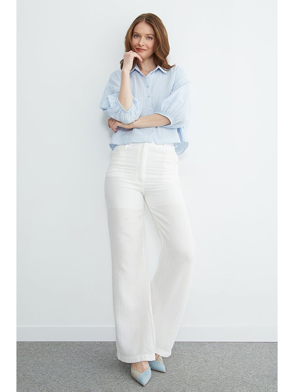 Mavi Balon Kol Salaş Müslin Kumaş Gömlek-4