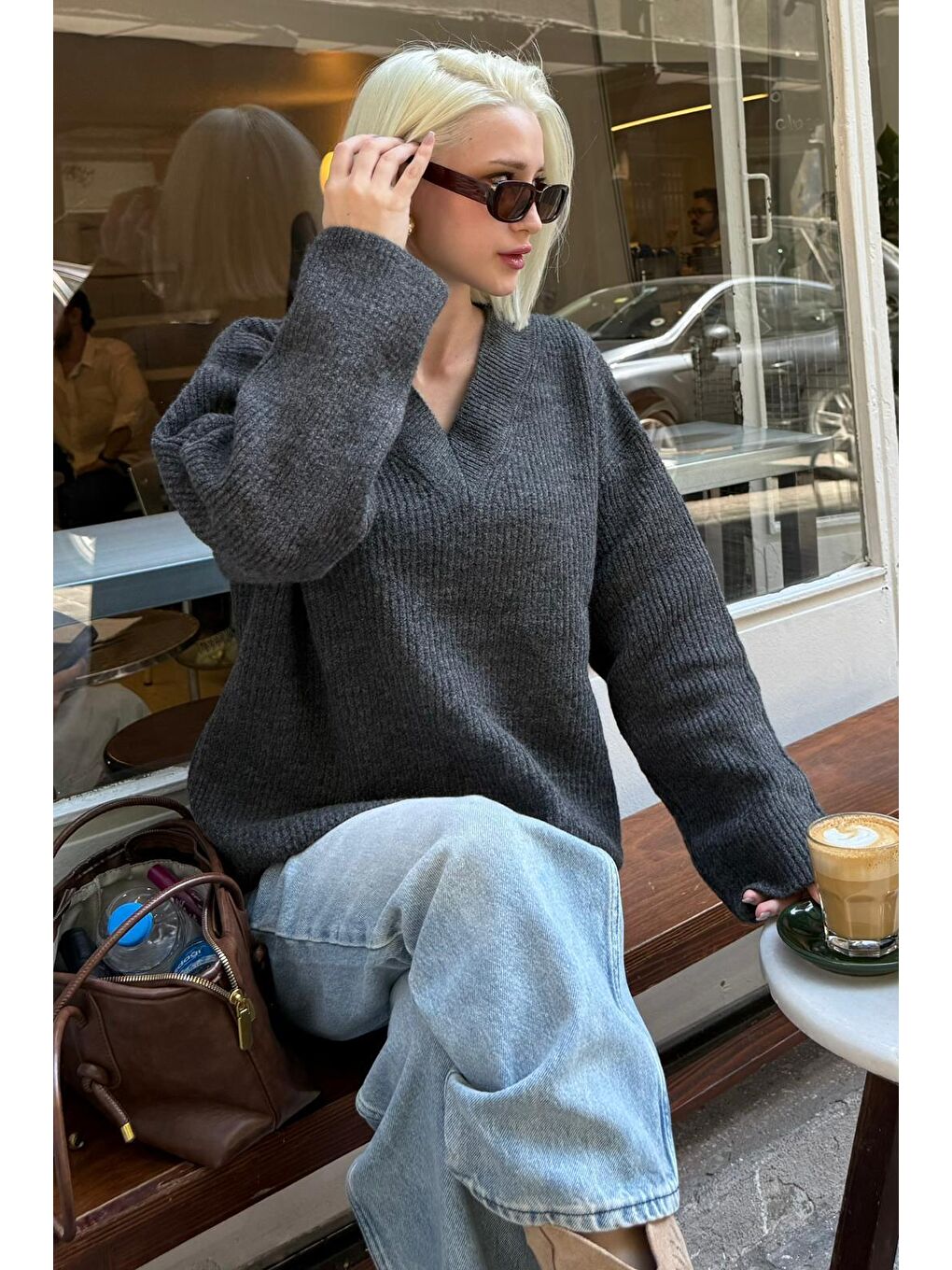 Antrasit V Yaka Triko Kadın Kazak Mg2501-4