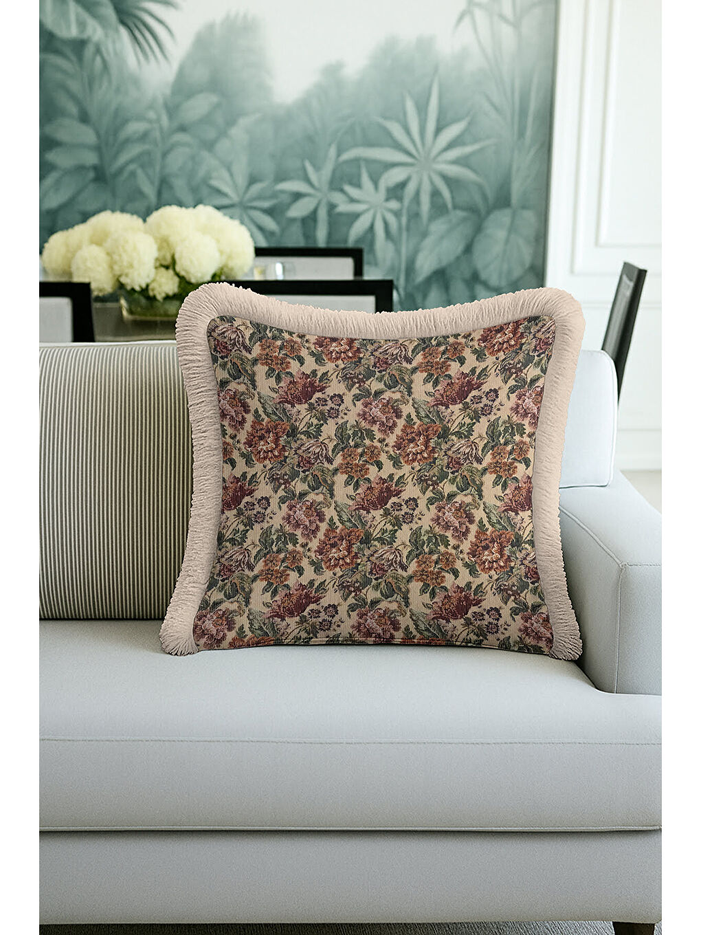 Karışık Lüks Çiçek Bahçesi Saçaklı Yastık Kılıfı - Vintage Rustik Bej Püsküllü Kırlent Kılıfı-3