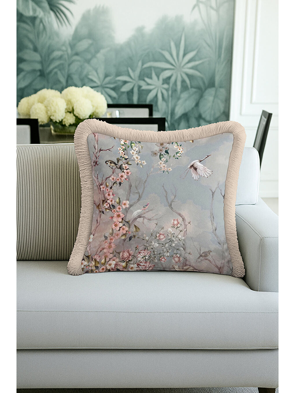 Karışık Elegan Çiçekli Kuşlu Saçaklı Yastık Kılıfı - Pastel Bahar Romantik Vintage Püsküllü Kırlent Kılıfı-1