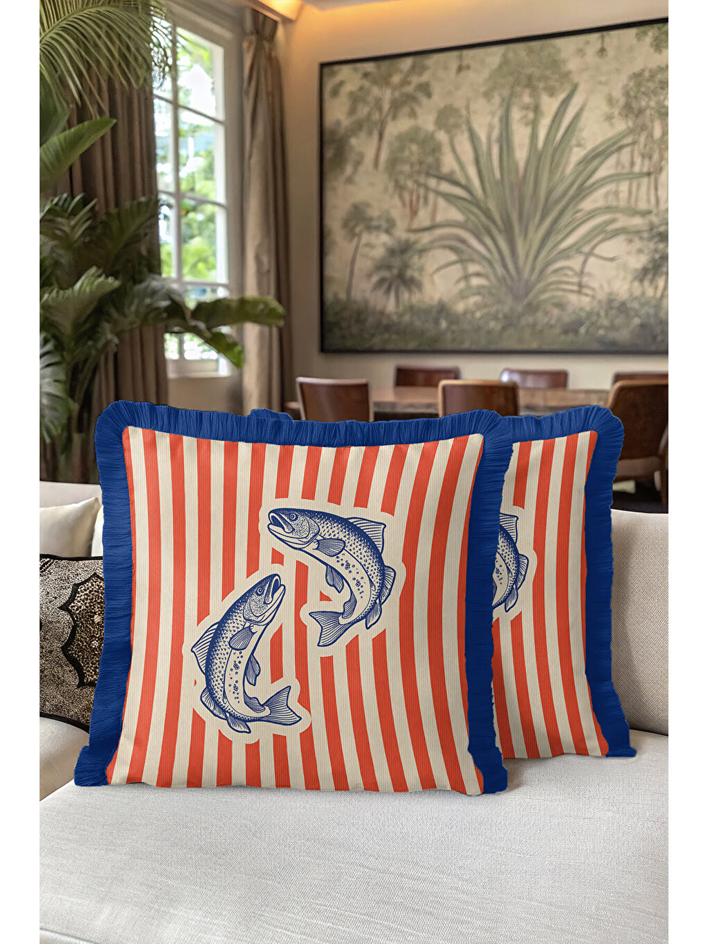 Karışık Nautical Balık Çizimli Saçaklı Yastık Kılıfı - Marin Temalı Kırmızı Lacivert Püsküllü Kırlent Kılıfı-5