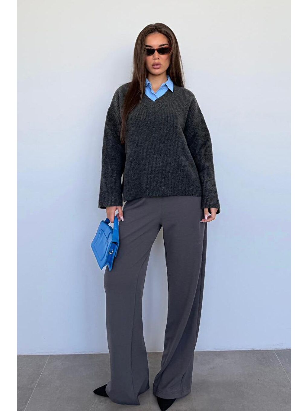 Antrasit V Yaka Triko Kadın Kazak Mg2501-5