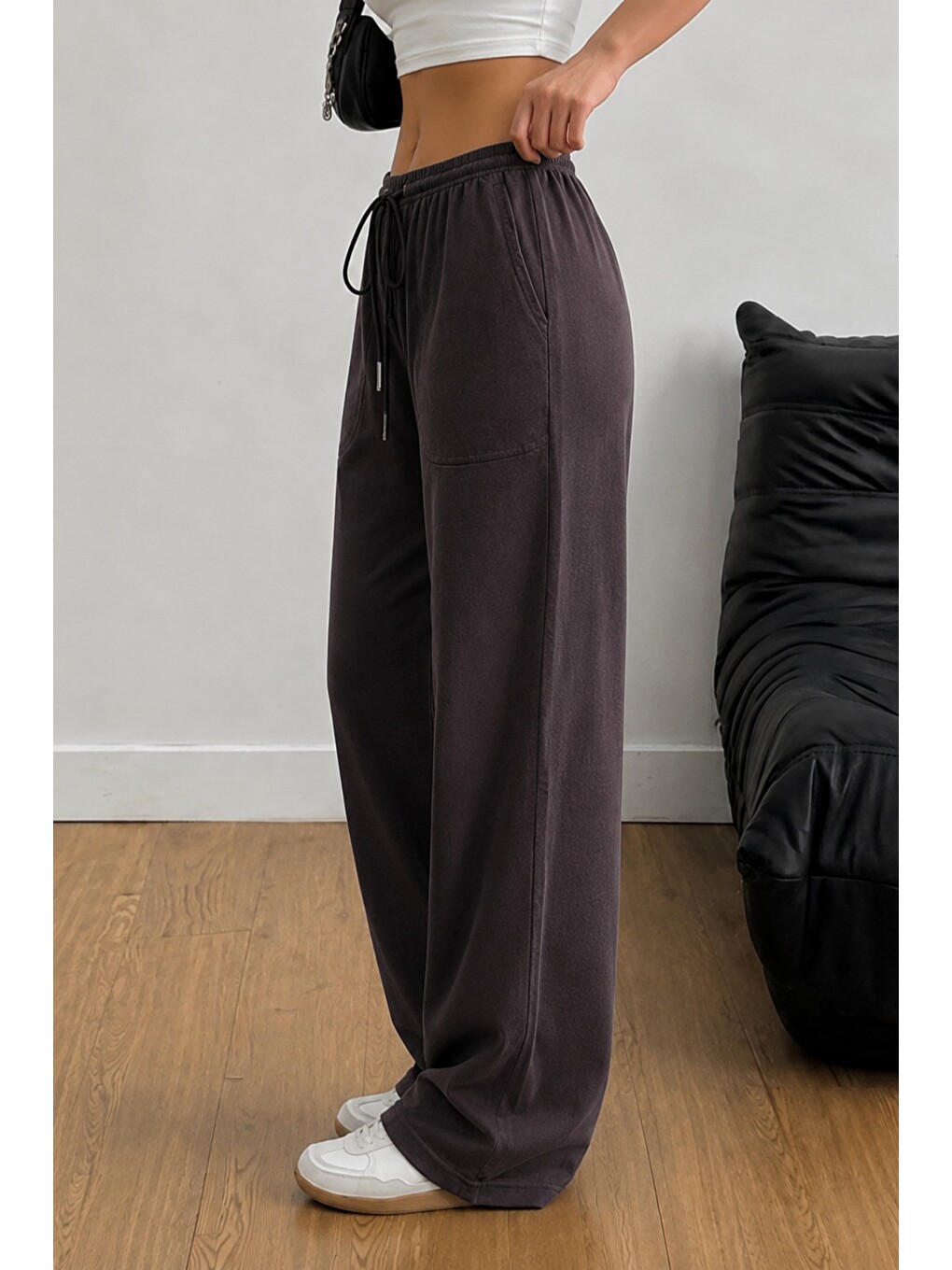 Kahverengi Kadın Keten Karışımlı Regular Fit Beli Lastikli Bağcıklı Yüksek Bel Günlük Pantolon-1
