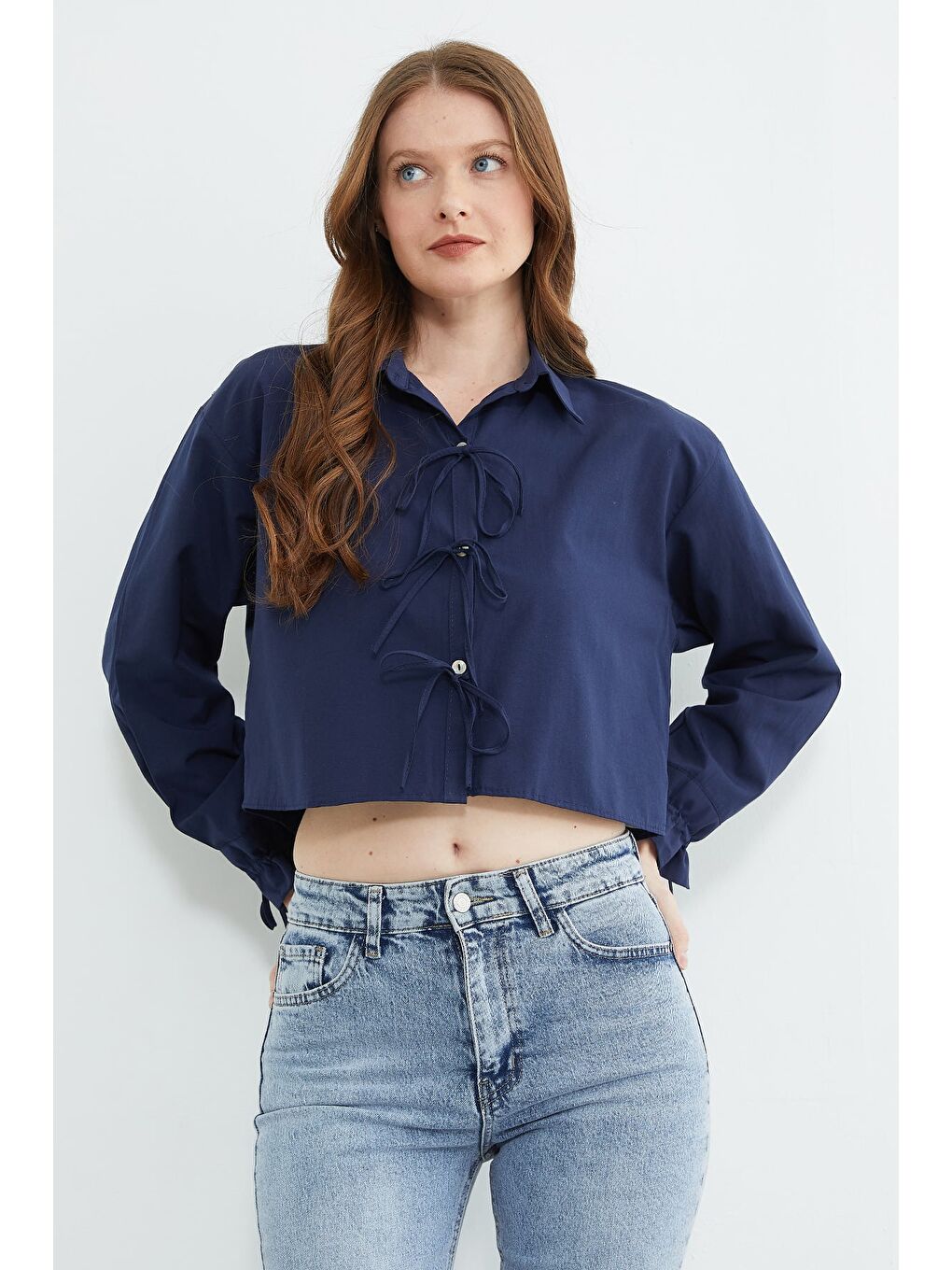Lacivert Önü Bağlamalı Düğmeli Crop Gömlek-2