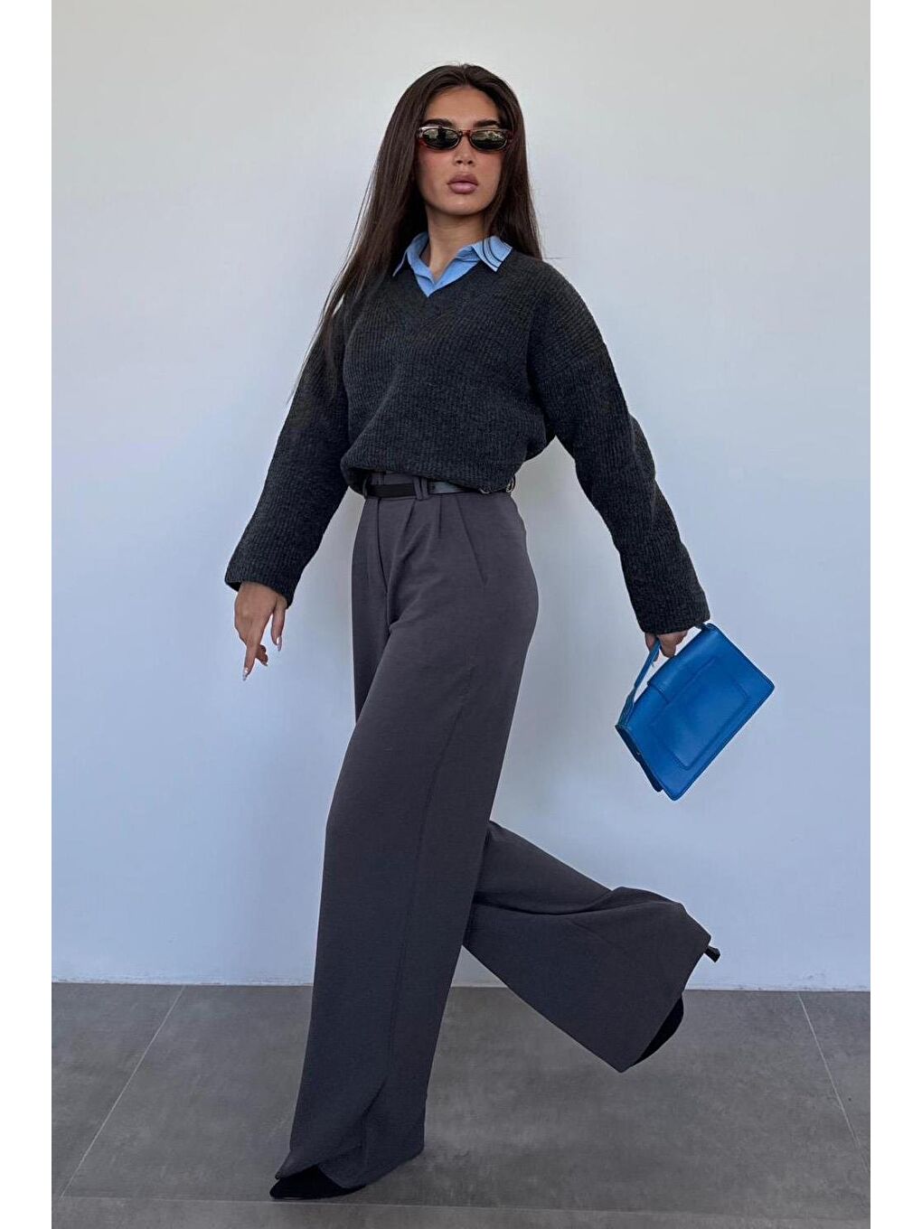 Antrasit V Yaka Triko Kadın Kazak Mg2501-6