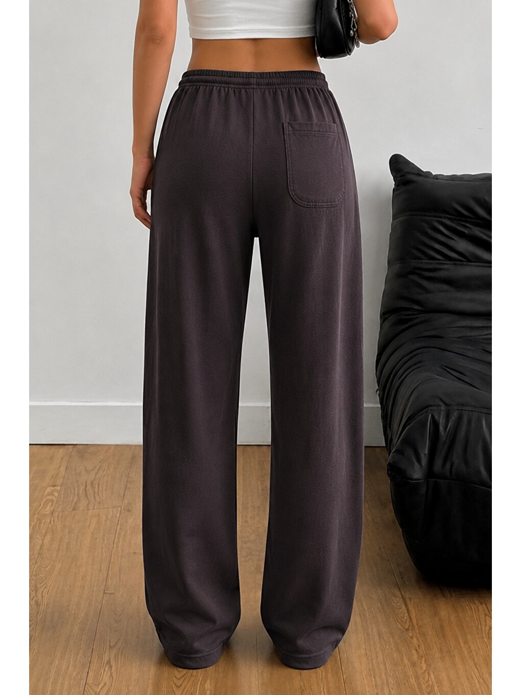 Kahverengi Kadın Keten Karışımlı Regular Fit Beli Lastikli Bağcıklı Yüksek Bel Günlük Pantolon-2