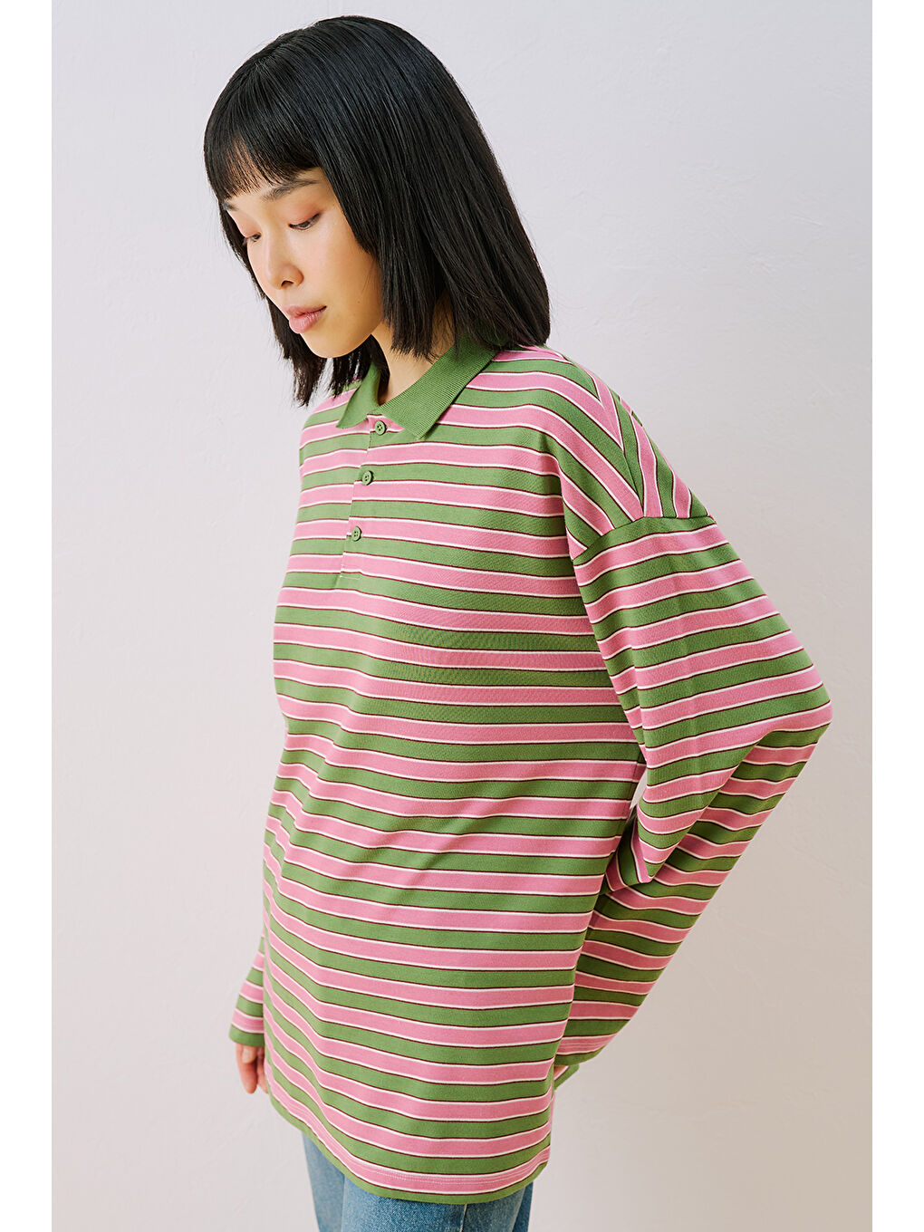 Çizgili Polo Yakalı Sweatshırt Pembe-1
