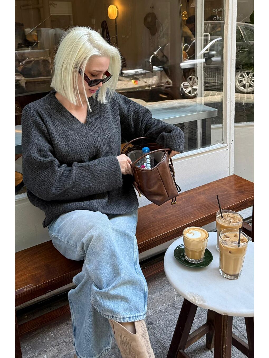 Antrasit V Yaka Triko Kadın Kazak Mg2501-7