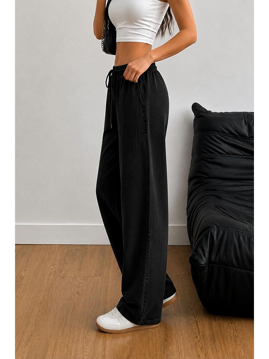 Siyah Kadın Keten Karışımlı Regular Fit Beli Lastikli Bağcıklı Yüksek Bel Günlük Pantolon-1