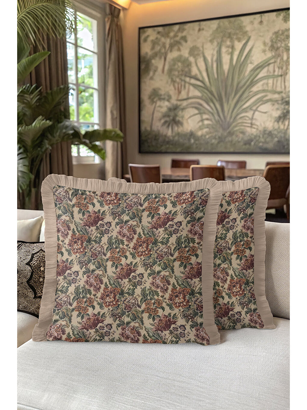 Karışık Lüks Çiçek Bahçesi Saçaklı Yastık Kılıfı - Vintage Rustik Bej Püsküllü Kırlent Kılıfı-5