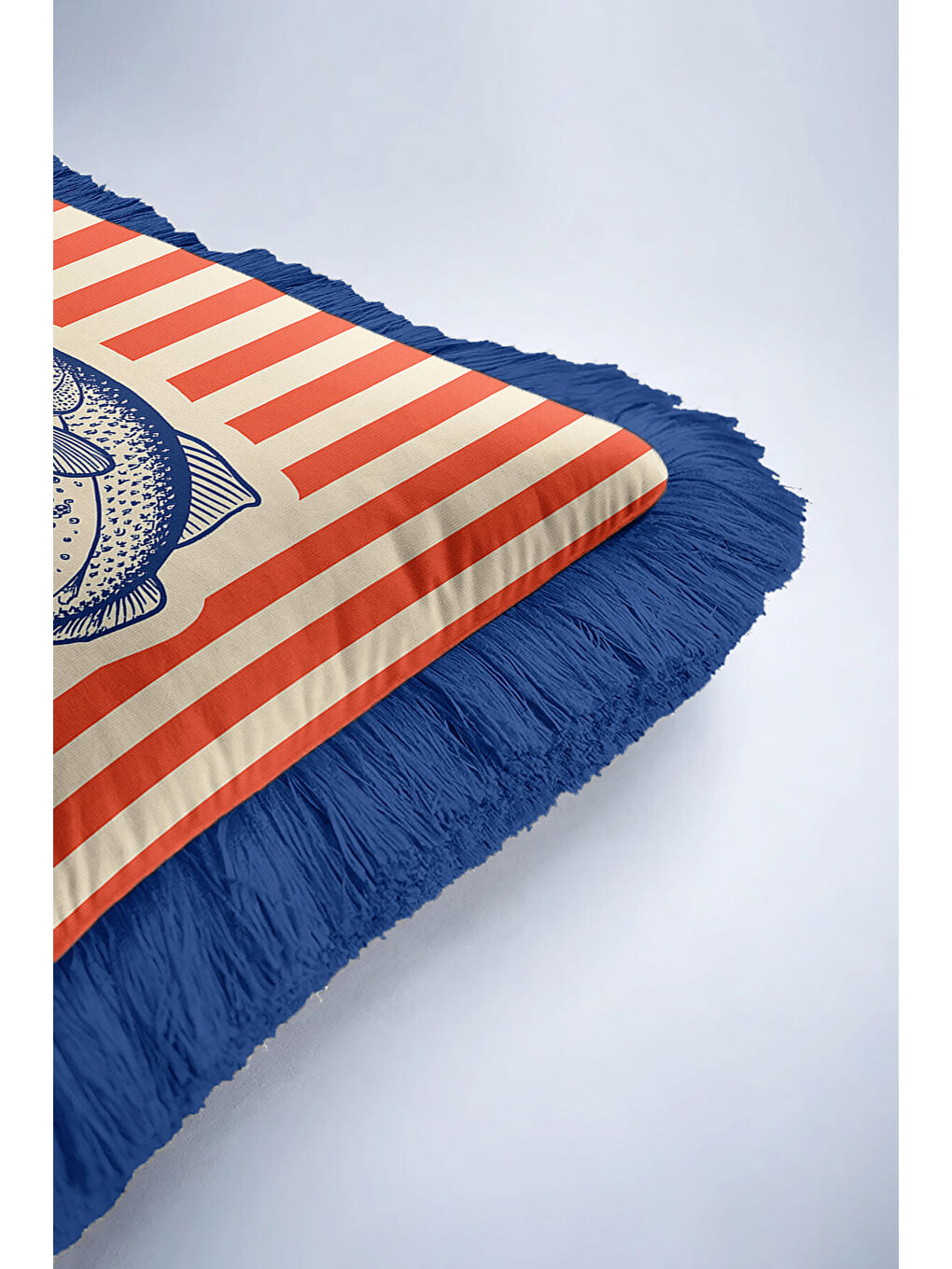 Karışık Nautical Balık Çizimli Saçaklı Yastık Kılıfı - Marin Temalı Kırmızı Lacivert Püsküllü Kırlent Kılıfı-6