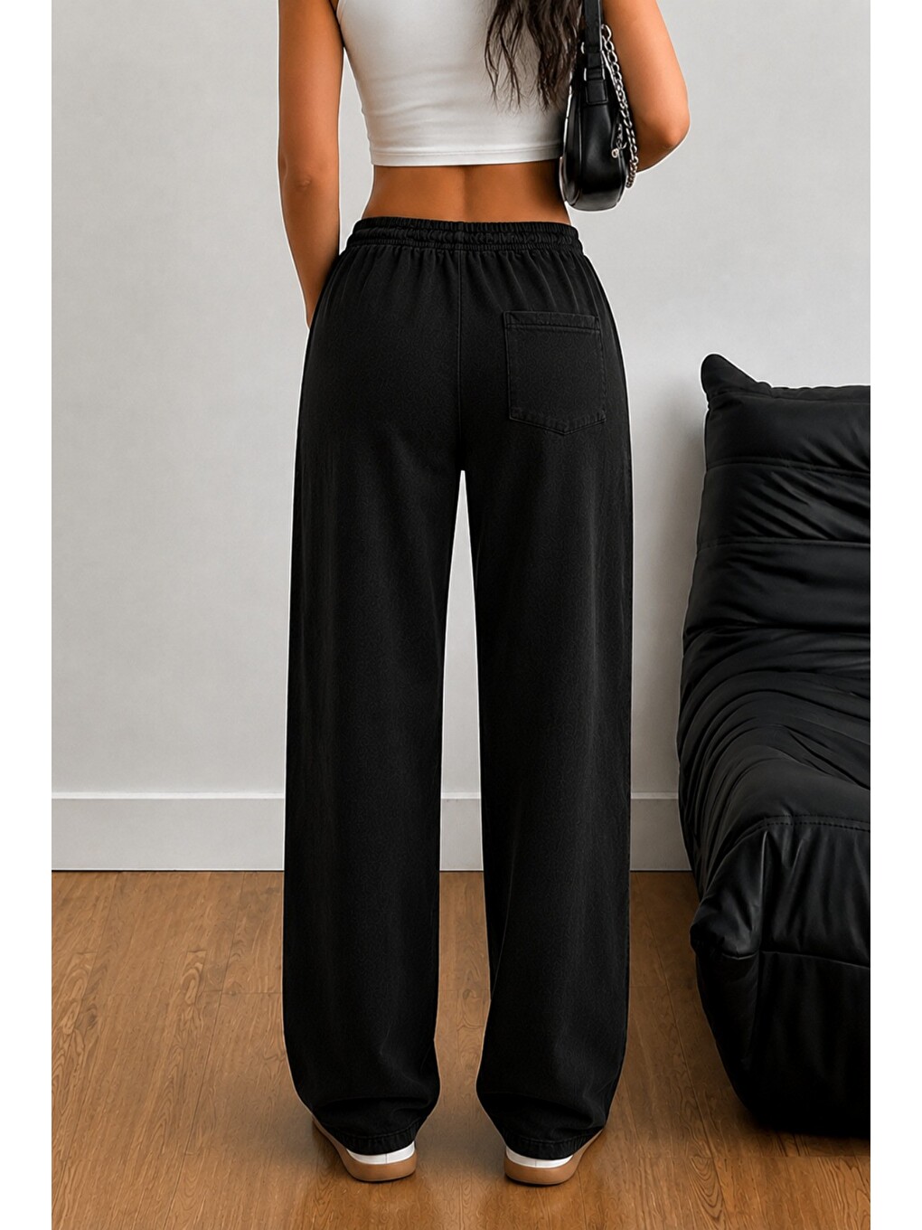 Siyah Kadın Keten Karışımlı Regular Fit Beli Lastikli Bağcıklı Yüksek Bel Günlük Pantolon-2