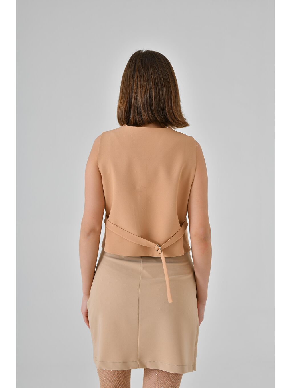 Bej Vizon Bağlamalı V Yaka Yelek-4