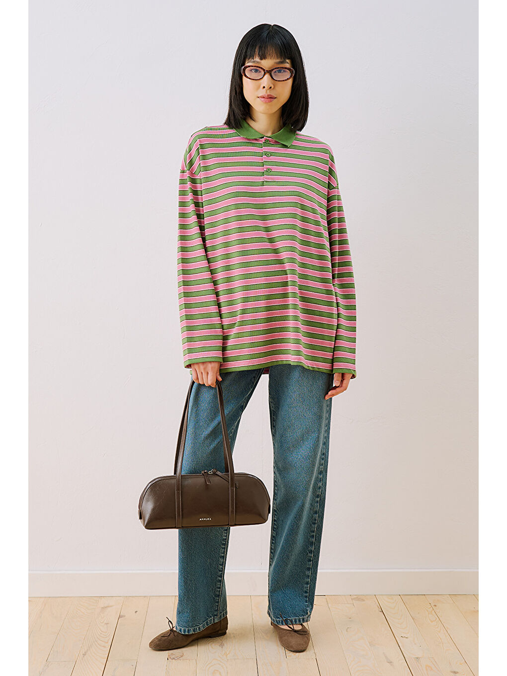 Çizgili Polo Yakalı Sweatshırt Pembe-2