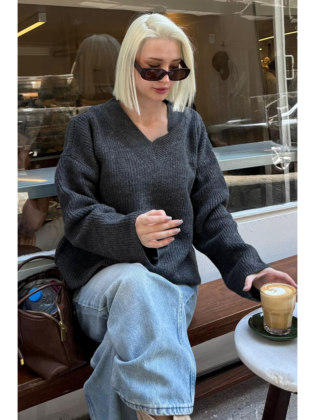 Antrasit V Yaka Triko Kadın Kazak Mg2501-8