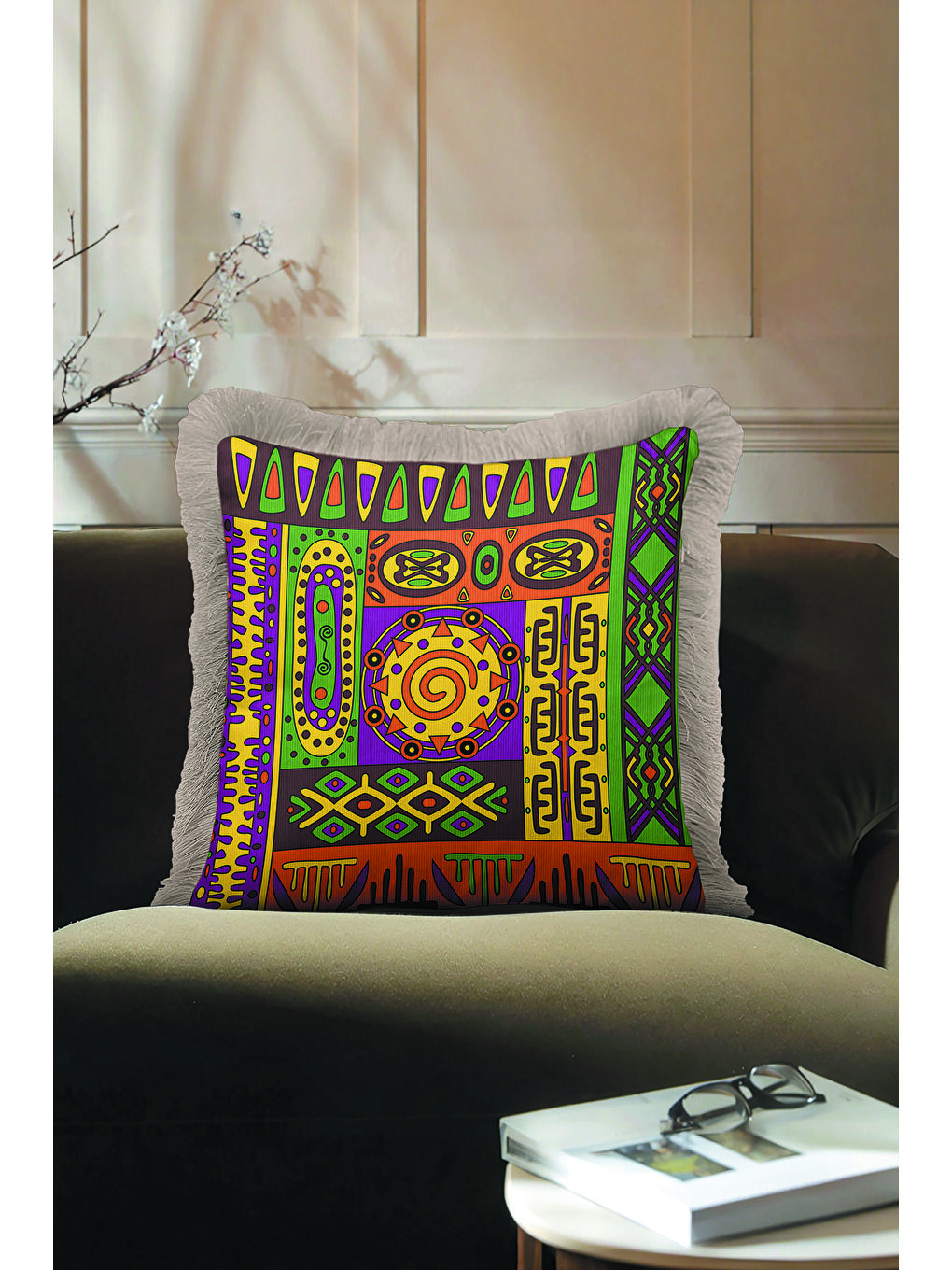 Karışık Etnik Geometrik Motifli Saçaklı Yastık Kılıfı - Bohem Renkli Mor Turuncu Püsküllü Kırlent Kılıfı-2