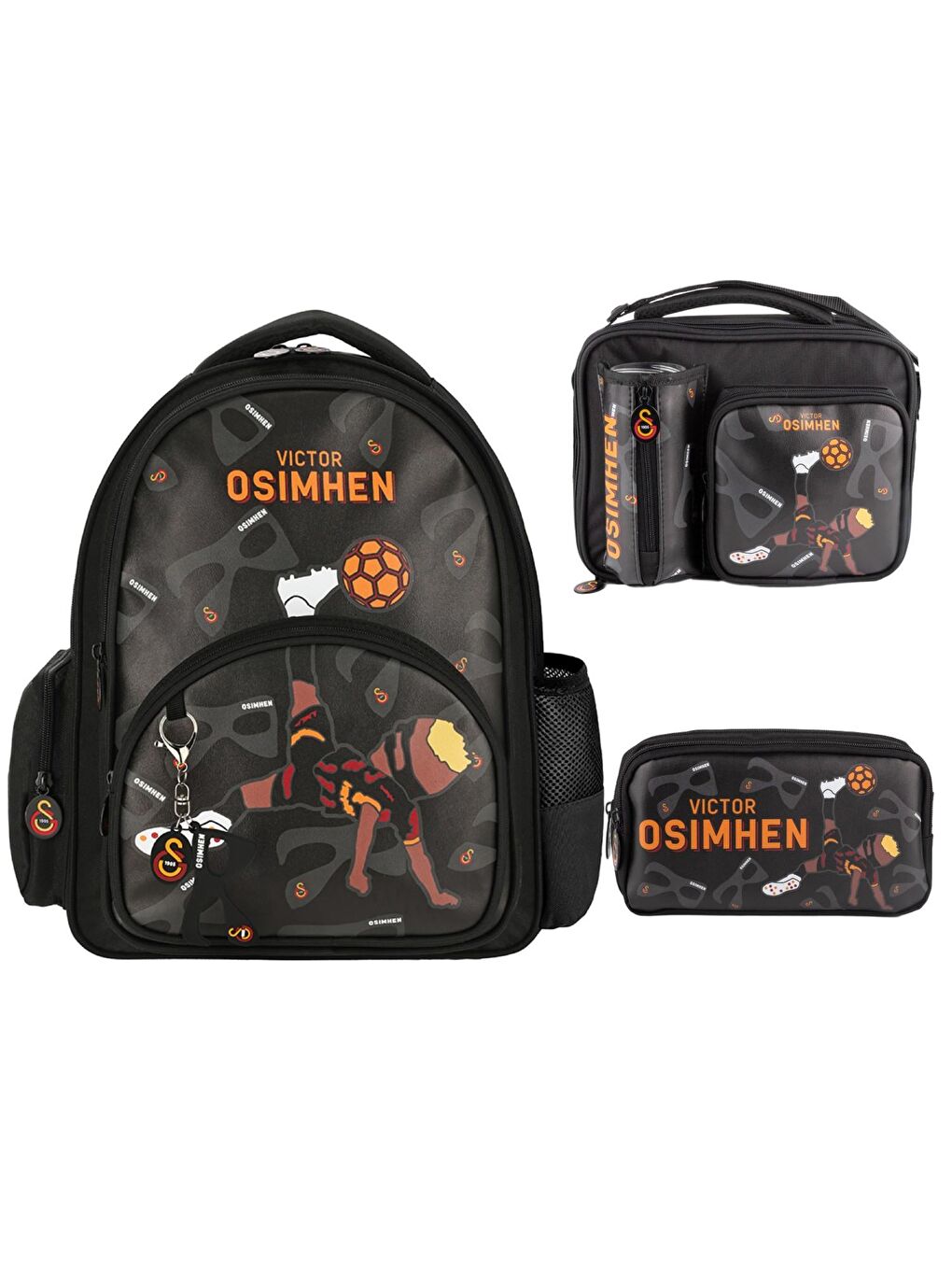 3 Bölmeli Victor Osimhen Suni Deri Okul Çantası + Beslenme Çantası + Kalemlik